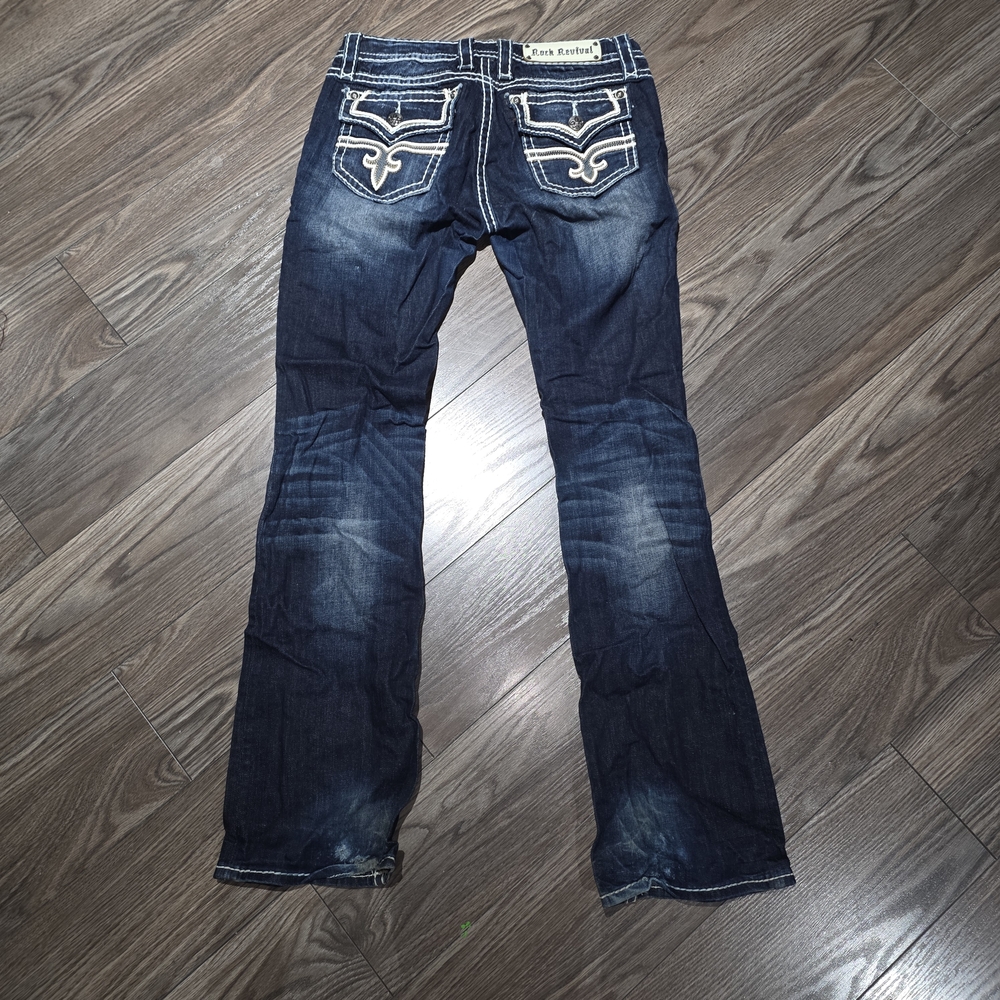 Rock Revival Women's Posey Boot Blue Jeans with White Stitching Size 30